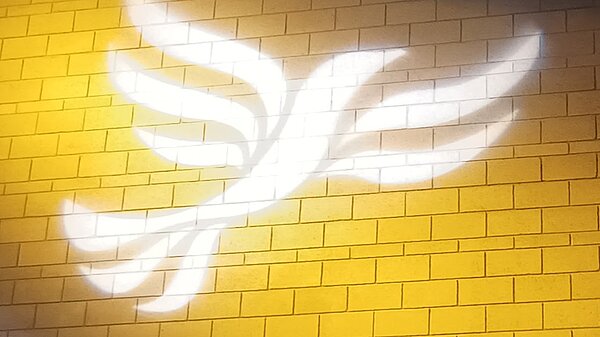 Lib Dem logo bird projected on blockwork